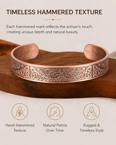 Detalle 2 de BioMag Pure Copper Bracelet for Men and Women – 100% Solid, Uncoated Vintage Tree of Life Cuff