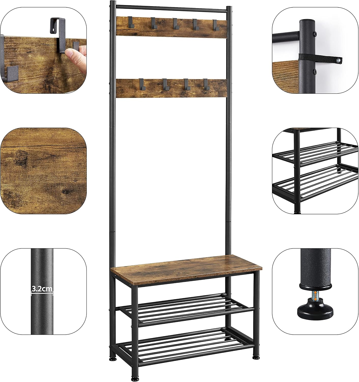Thumbnail 6 de Yaheetech Appendiabiti 3 Ripiani con Scarpiera Vintage, 185 cm – Porta Cappotti e Scarpe in Legno MDF E1