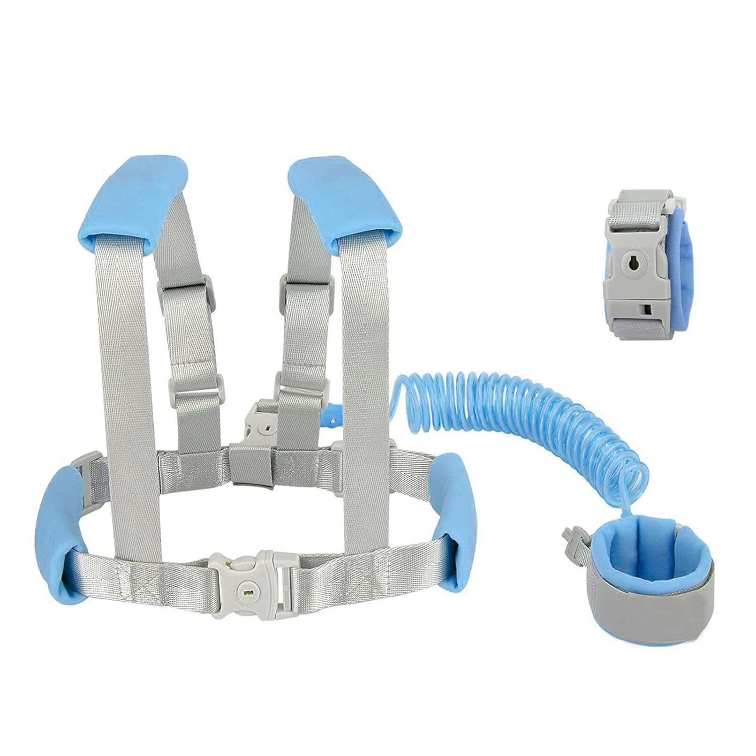 Reflektierende Kinderleine mit Handgelenkzügel (2-in-1) – Sicherheitsgurt mit Schloss, Blau, 1,5 m