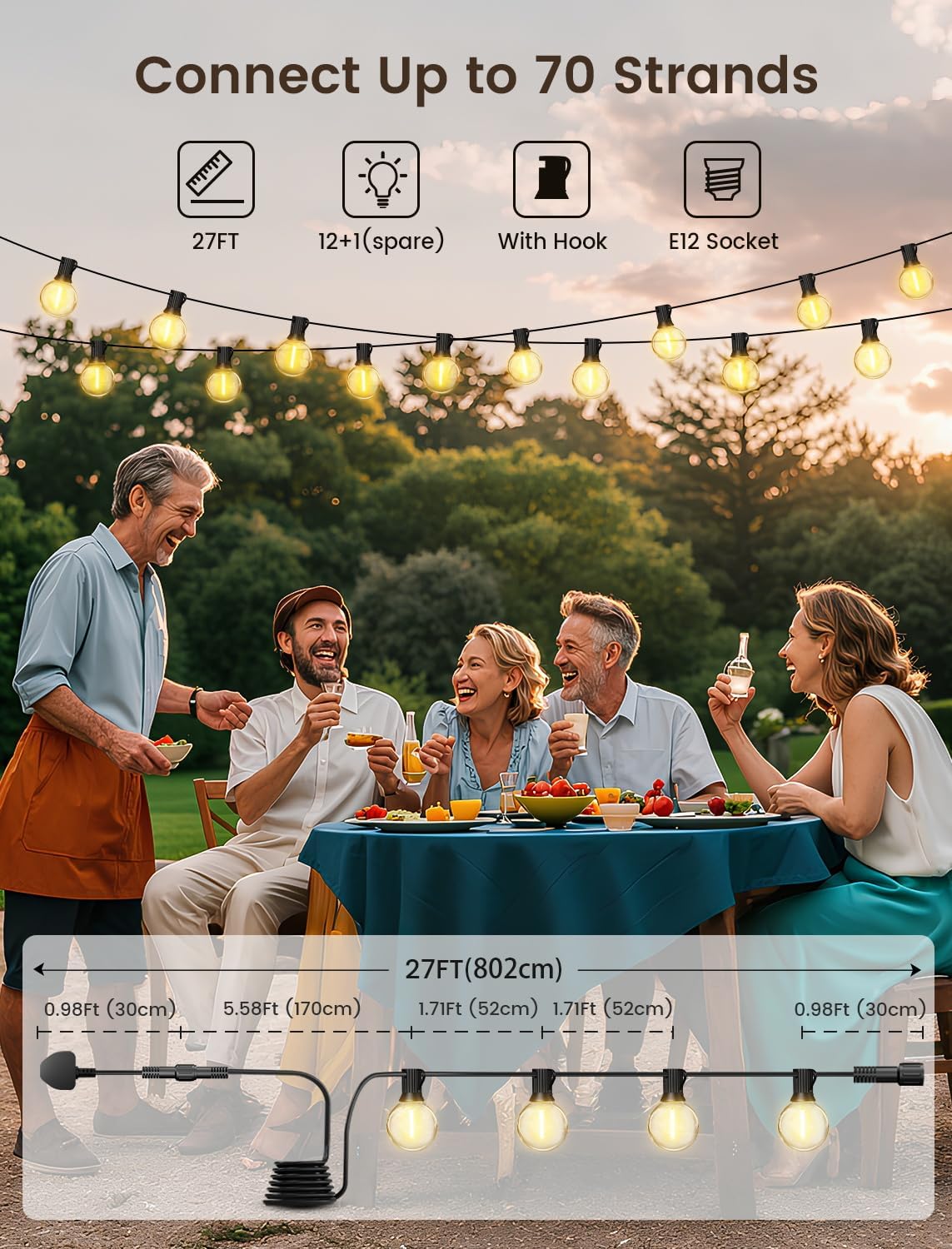 Thumbnail 1 de Torkase Outdoor String Lights Mains Powered, 27FT G40 Festoon Lights with 12+1 Shatterproof LED Bulbs – Weatherproof Garden Ambience