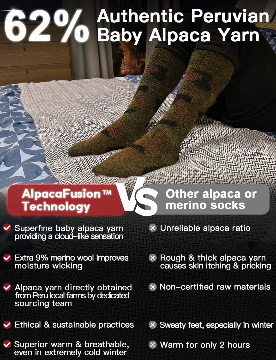 Detalle de Juclise Alpaca Wool Thermal Boot Socks, 62% Peruvian Baby Alpaca Fleece