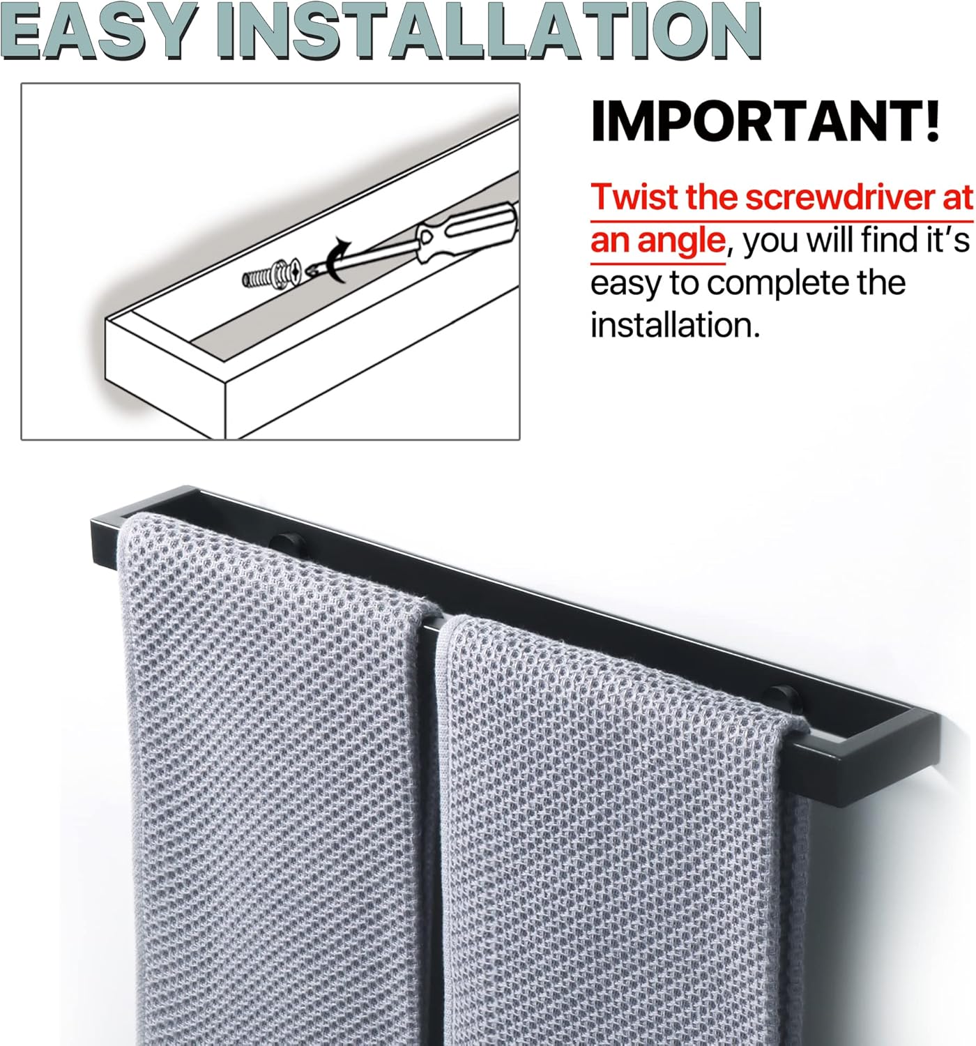 Thumbnail 4 de SAYAYO 40 cm porte-serviette mural sans perçage (noir mat) en acier inox SUS304