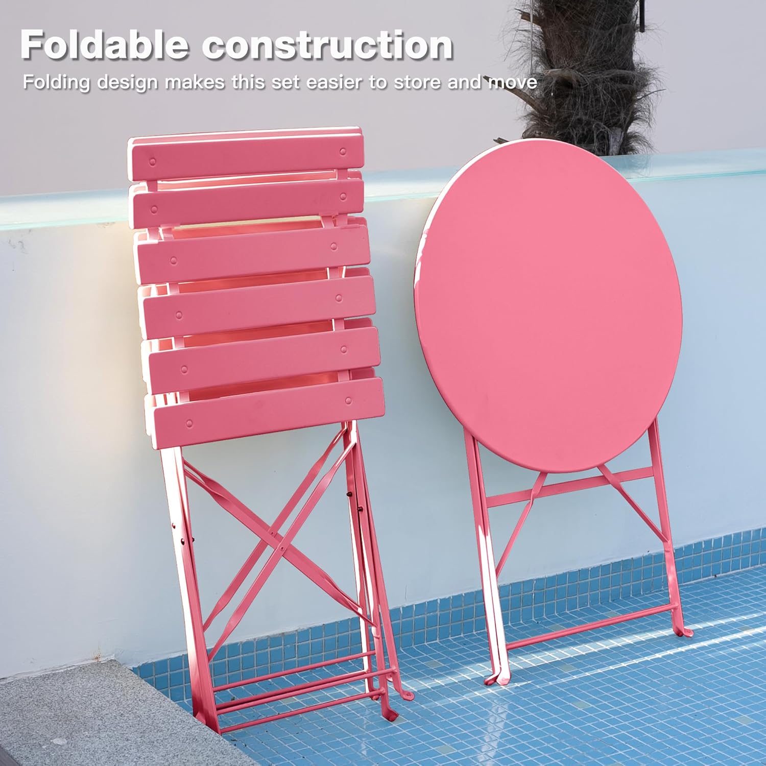 Detalle 2 de RELAX FIELD Folding Bistro Table and Chairs Set (3-piece) for Balcony, Rose Red