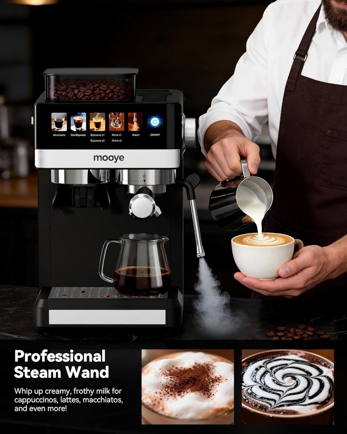 Thumbnail 5 de Mooye Espresso Machine with Grinder (20-Bar) with Steam Wand for Cappuccino, Latte & Cold Brew