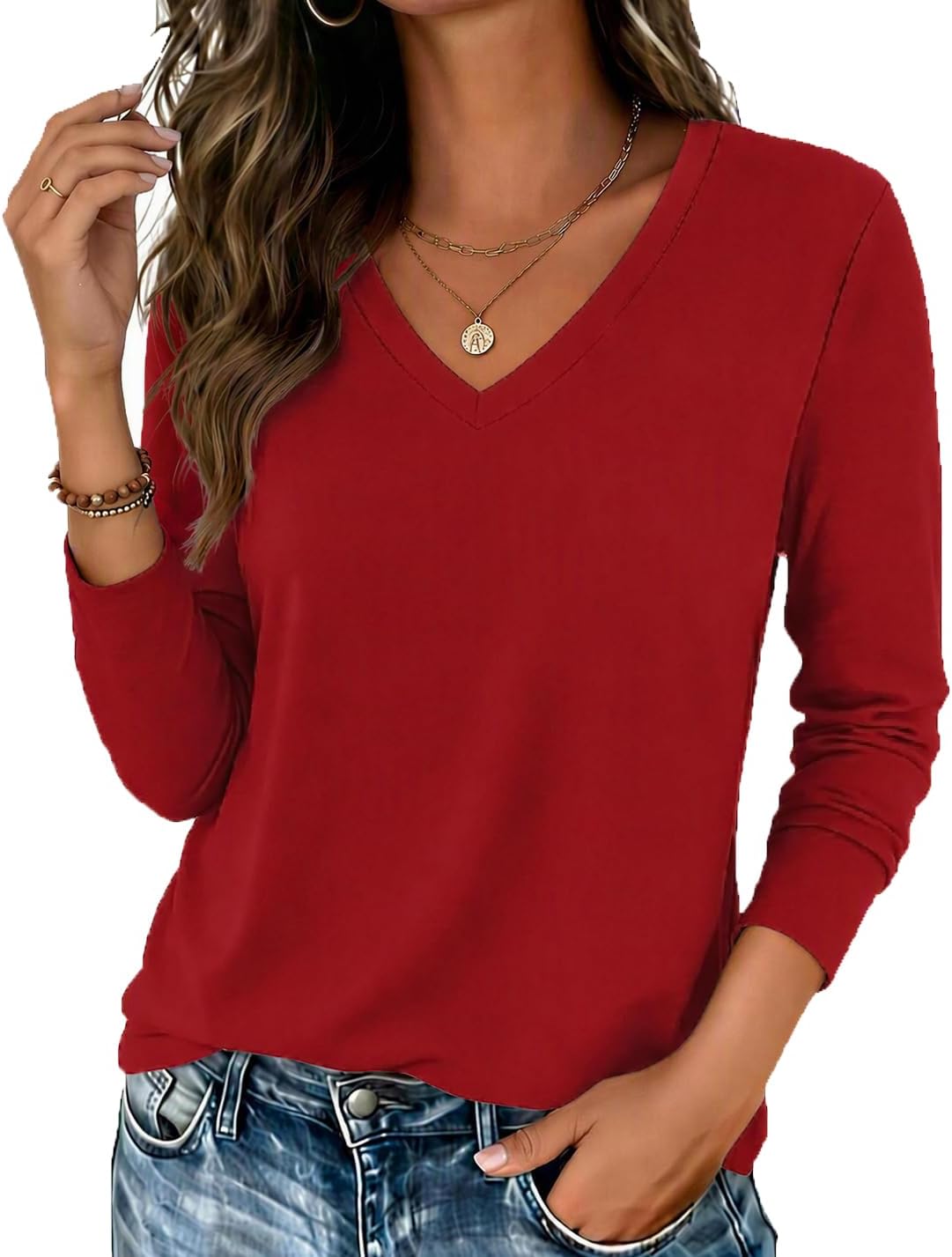 Detalle de Zeagoo Women's Long-Sleeve V-Neck Top, Breathable Fabric, Solid or Printed