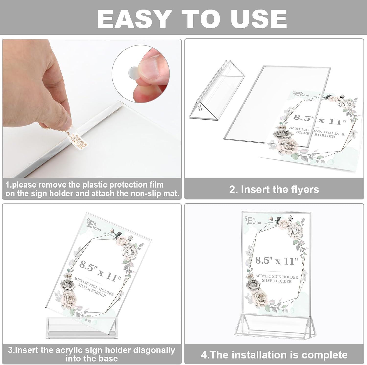 Thumbnail 4 de EHWINE 8-Pack Acrylic Sign Holders, 8.5 x 11, Double-Sided Silver