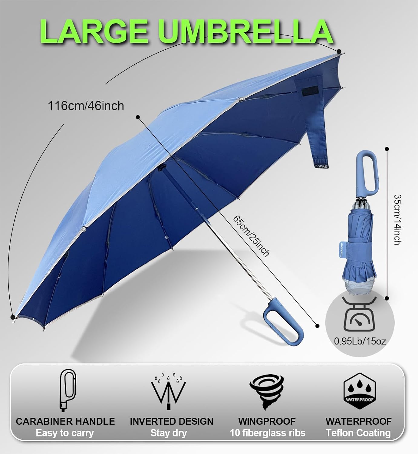 Detalle de TUMAAOTU Compact Inverted Umbrella with Never Forget Carabiner Handle – windproof travel auto open/close
