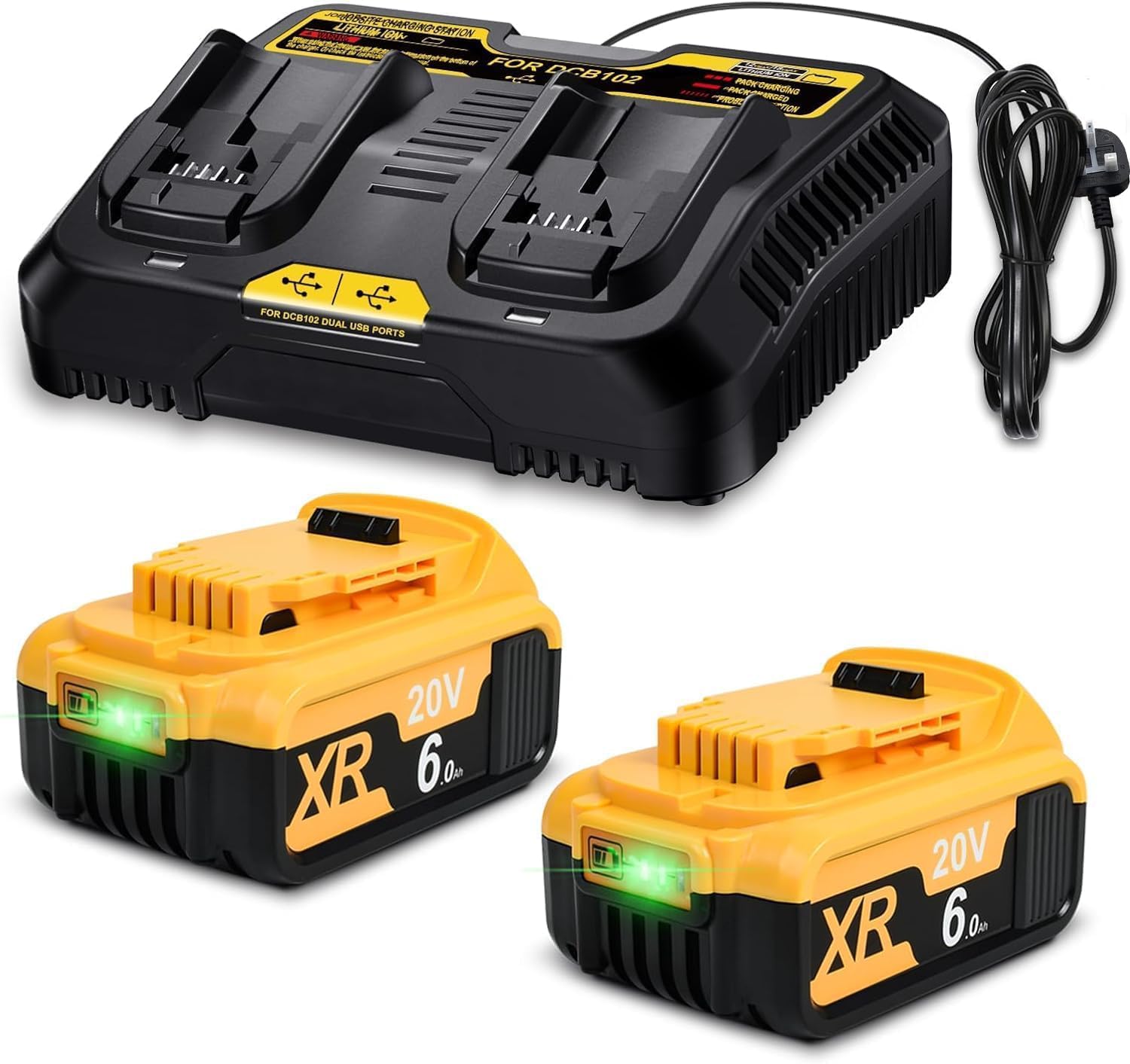 Detalle de 2X 18V 6.0Ah Li-Ion Replacement Batteries with 6A Dual Charger for Dewalt 18V Systems (DCB182, DCB184, DCB101, DCB107, DCB112, DCB105, DCB115, DCB203)