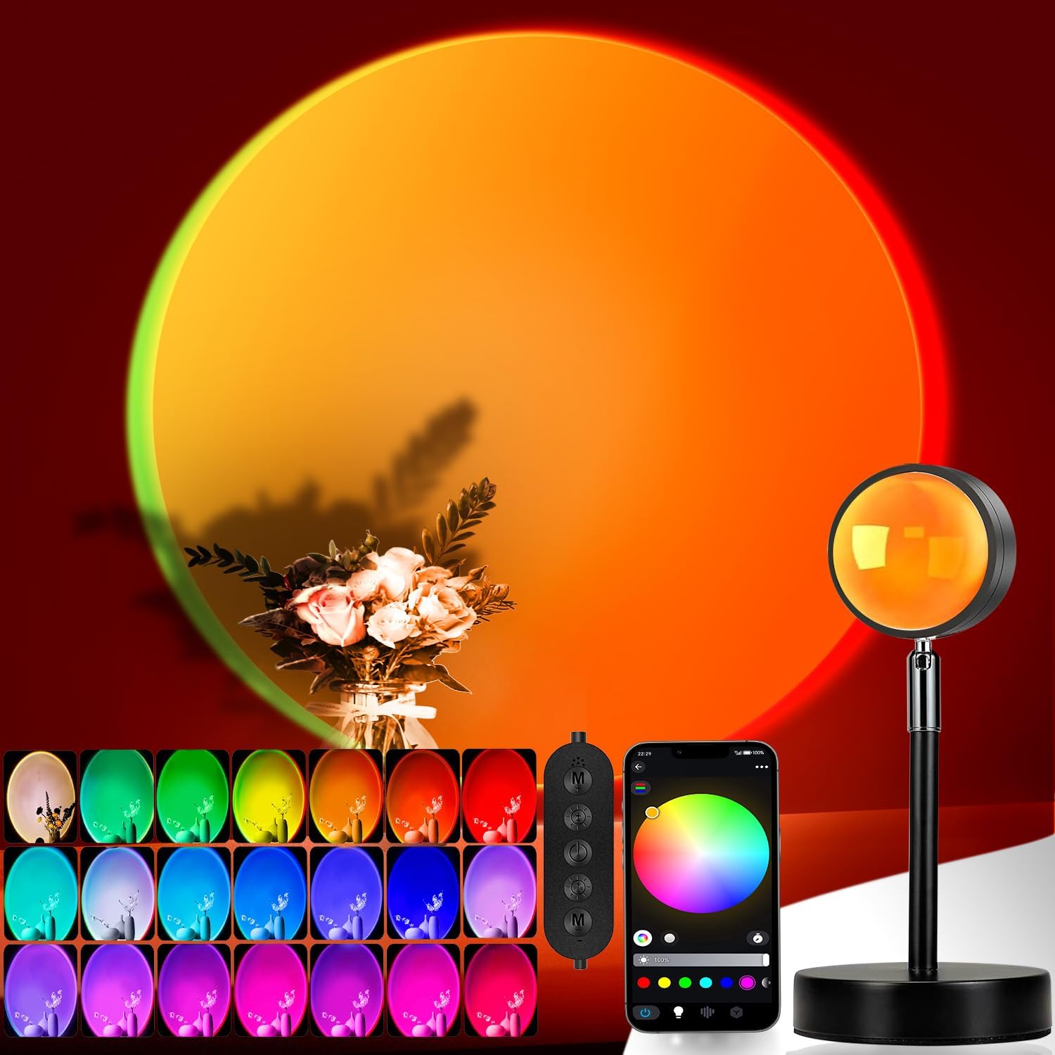 Detalle de easeking ELSA-RR02-USB LED Sunset Projector Lamp, 54 Modes, App Control