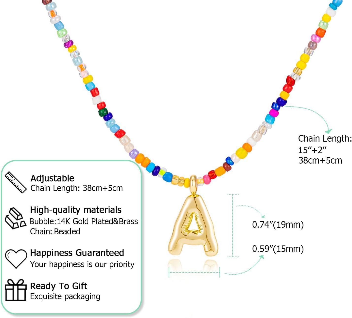 Detalle de HANLI Colourful Initial Necklaces for Girls & Women – Gold Bubble Pendant Beaded Boho Choker