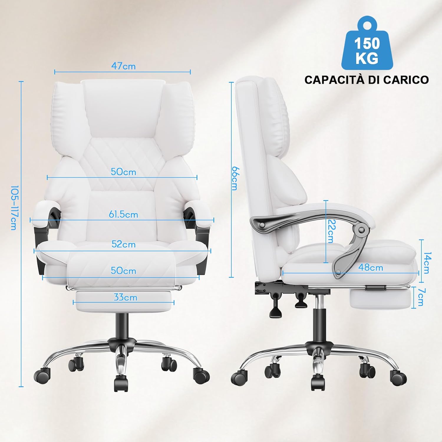 Thumbnail 2 de Sedia da Ufficio Ergonomica con Poggiapiedi e schienale alto in pelle PU di alta qualità – bianco