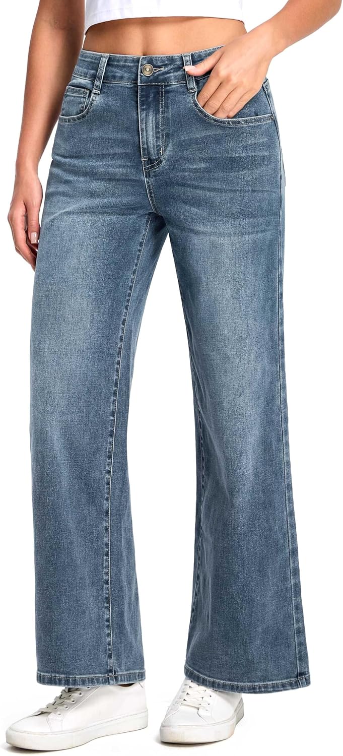 Thumbnail 1 de THE GYM PEOPLE Women's Baggy Jeans, Mid-Rise Wide Straight Leg Stretch Denim