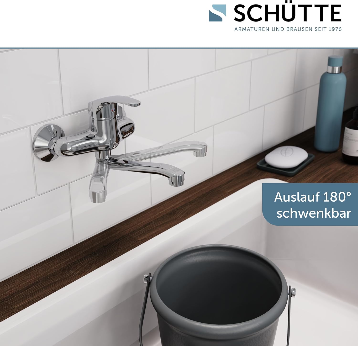 Detalle de SCHÜTTE ORAZI Wandwasserhahn Chrom, 360° Auslauf – Wandmontage für Doppelspülbecken
