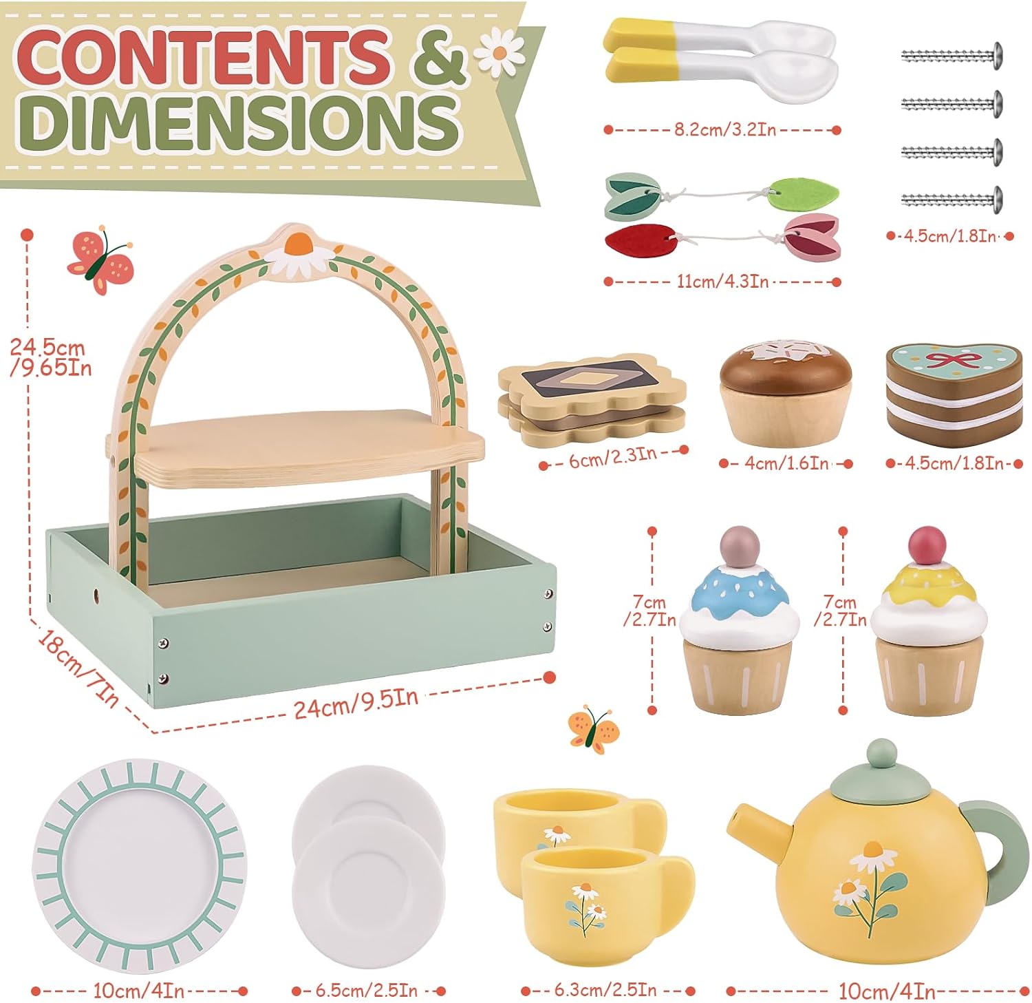 Detalle de A Wooden Tea Sets for Little Girls: Creative Play Set with Teapot, Cakes, and Stand