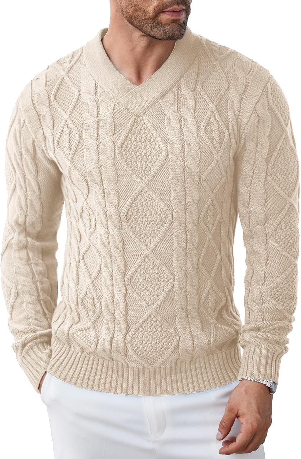 Thumbnail 6 de COOFANDY Maglione Slim Fit Scollo V Treccia