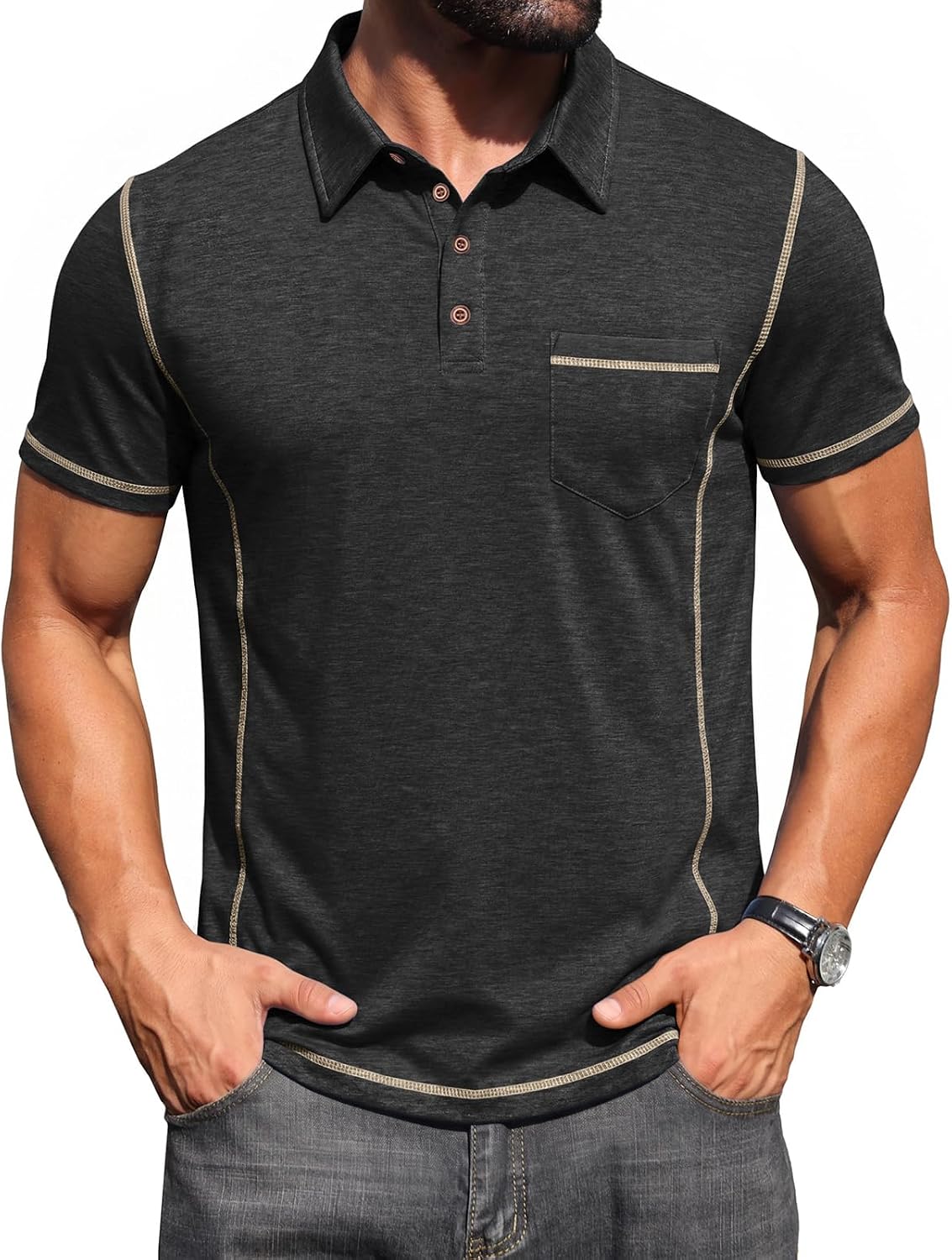 Detalle de Volemo Men’s Short Sleeve Polo Shirts – Casual Summer Smart Polo with Pocket