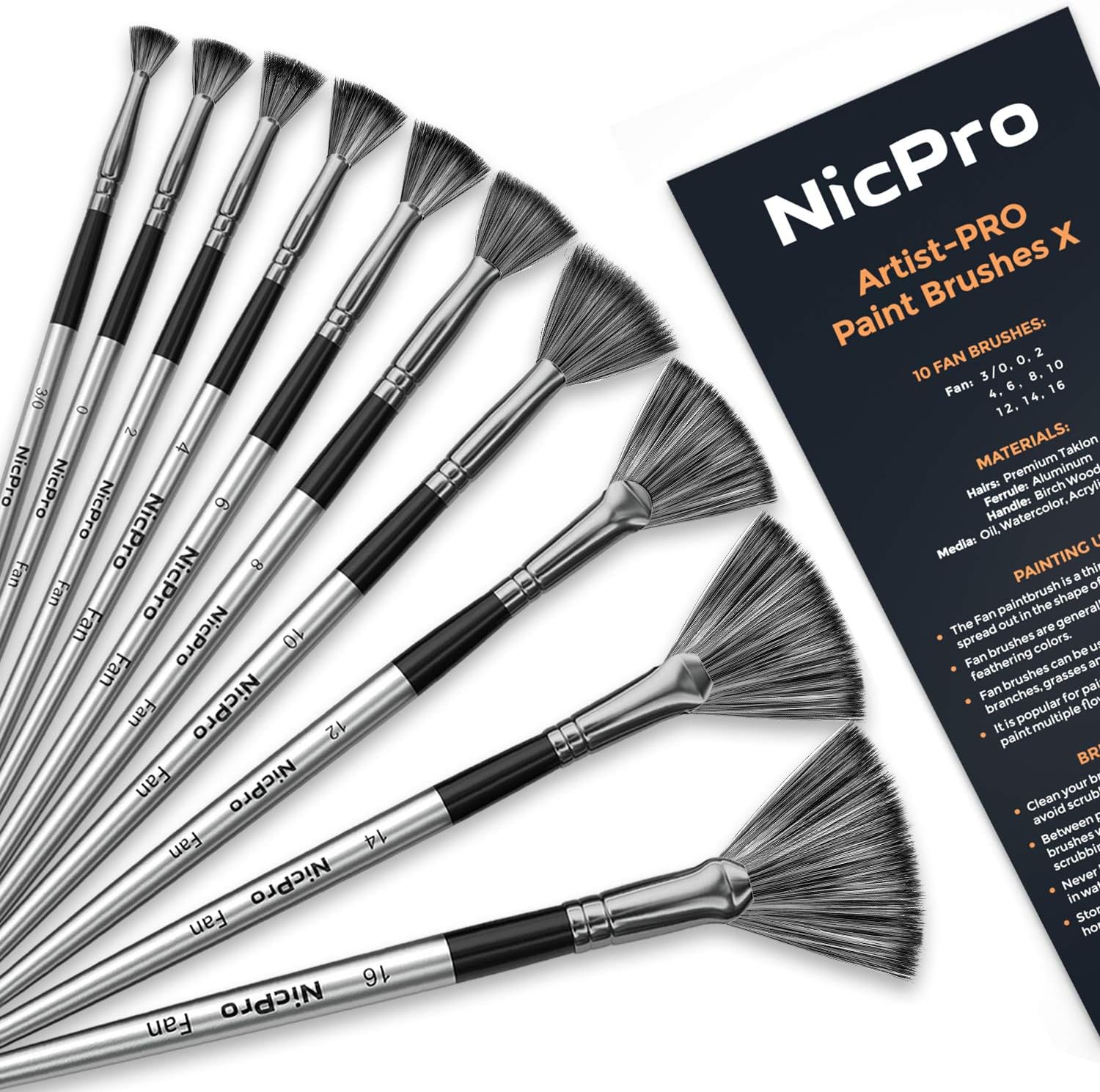 Nicpro 10 Pinceaux éventail professionnels en nylon anti-perte – kit multi-tailles pour huile, aquarelle et acrylique