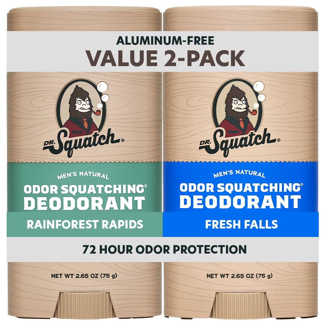 Dr. Squatch Odor-Squatching Natural Deodorant for Men (Aluminum-Free) — Rainforest Rapids & Fresh Falls, 2-Pack