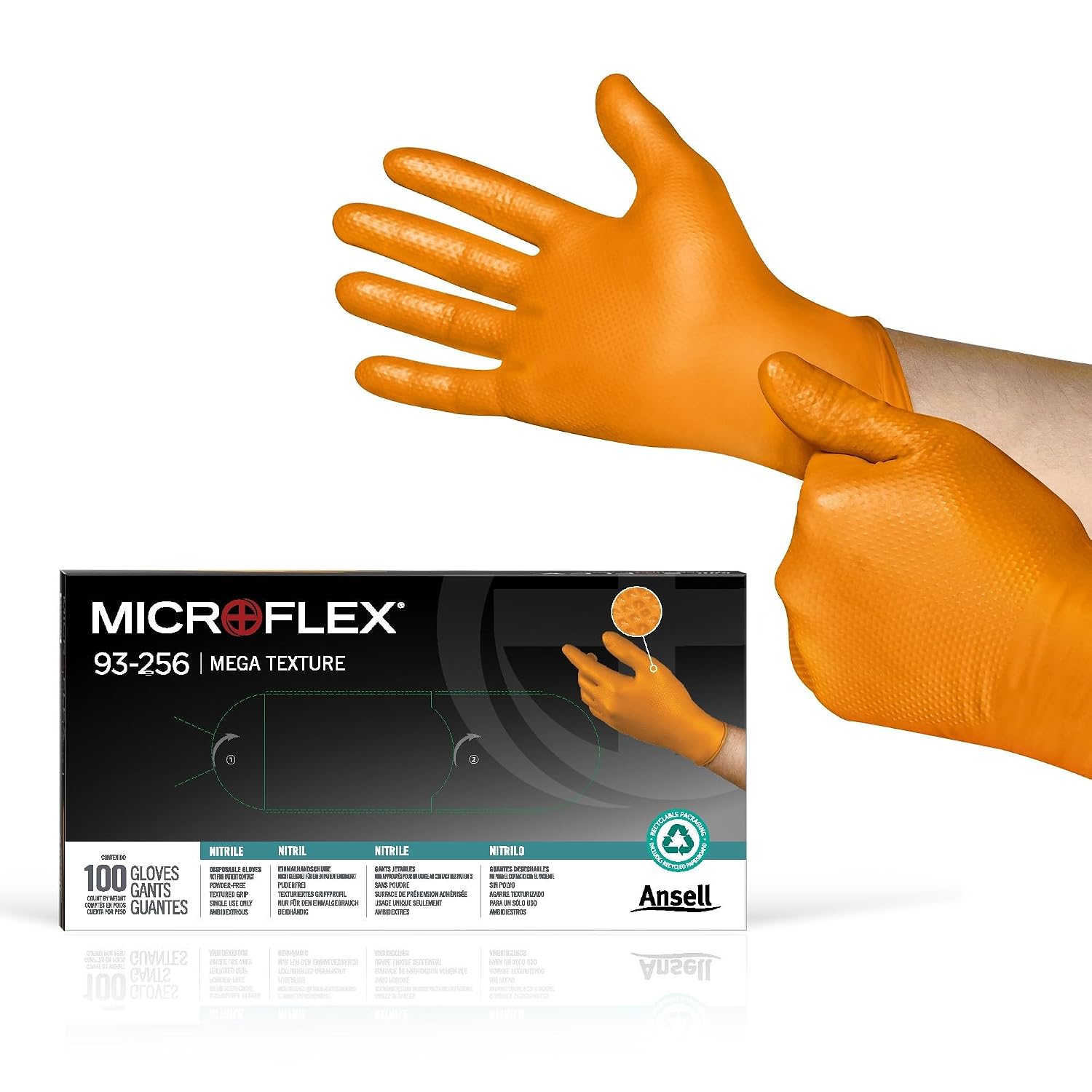 Detalle de Ansell MicroFlex 93-256 nitrilhandskar, puderfria och orange, storlek L