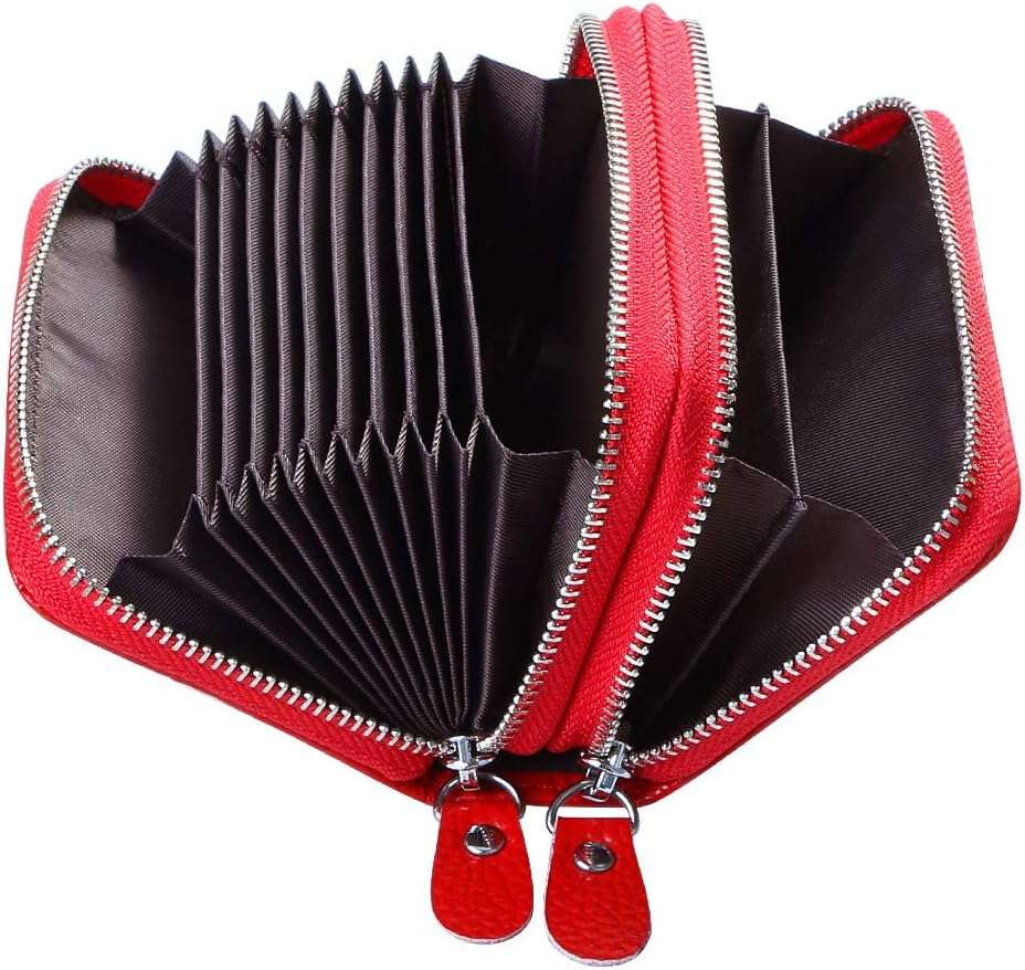 Detalle de Flintronic Porta Carte di Credito in Pelle RFID – Rosso, con Cerniera, 14 Spazi