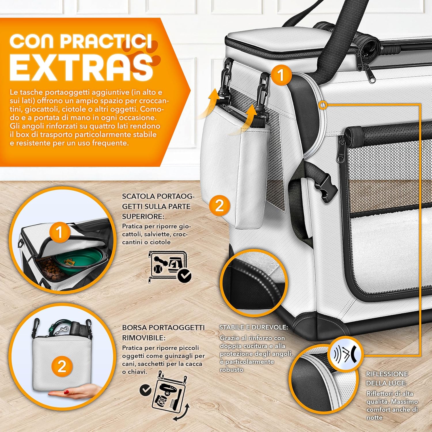 Detalle de TRESKO Box Pieghevole per Cani e Gatti con Tappetino, Spatola e Riflettori M 61 x 42 x 42 cm | Trasportino Auto per Animali di Piccola e Grande Taglia