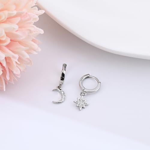 Detalle de 925 Sterling Silver Moon & Star Huggie Hoop Earrings – Handmade Drop Dangle Jewellery