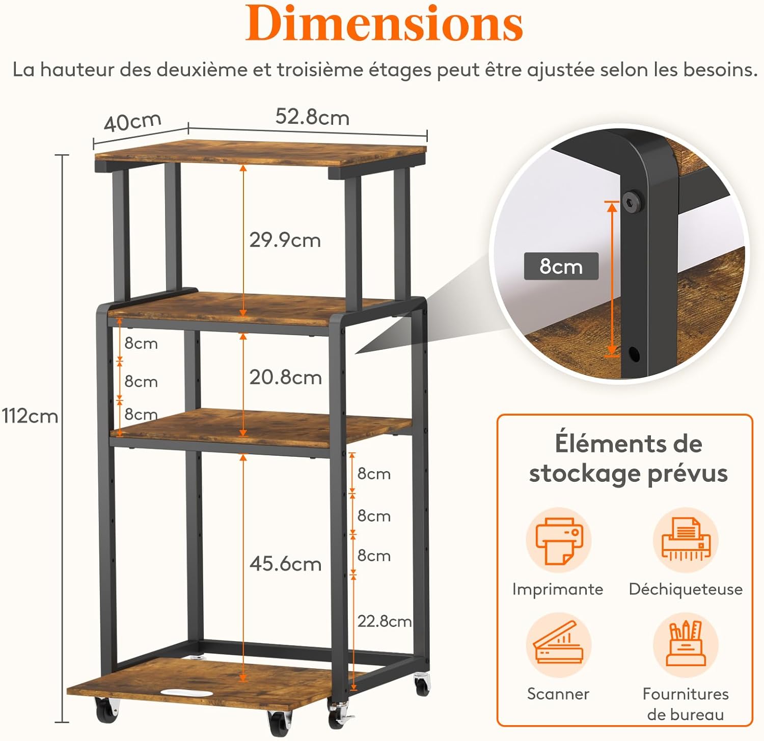 Thumbnail 1 de Lifewit meuble imprimante 4 étages avec roulettes et étagère réglable (53x40x112 cm) pour bureau à domicile