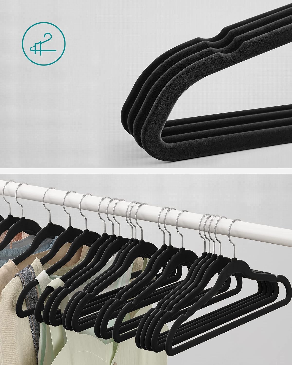 Detalle de SONGMICS Kleiderbügel Samt 30er Set – 41,5 cm, dünn, belastbar bis 5 kg, 360° Drehhaken