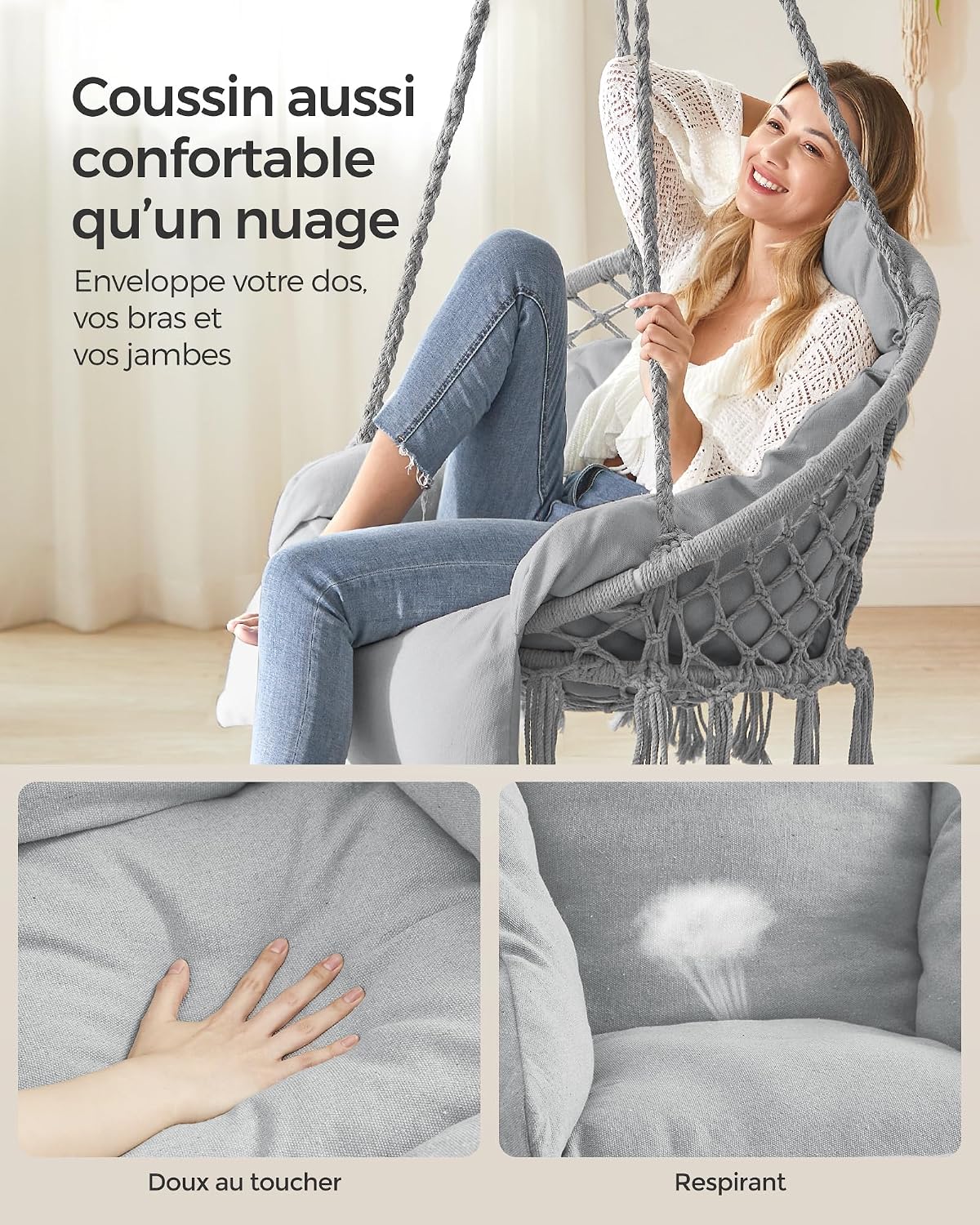 Thumbnail 2 de SONGMICS Fauteuil suspendu GDC042G11V3 avec coussin épais et franges, capacité 120 kg, gris tourterelle