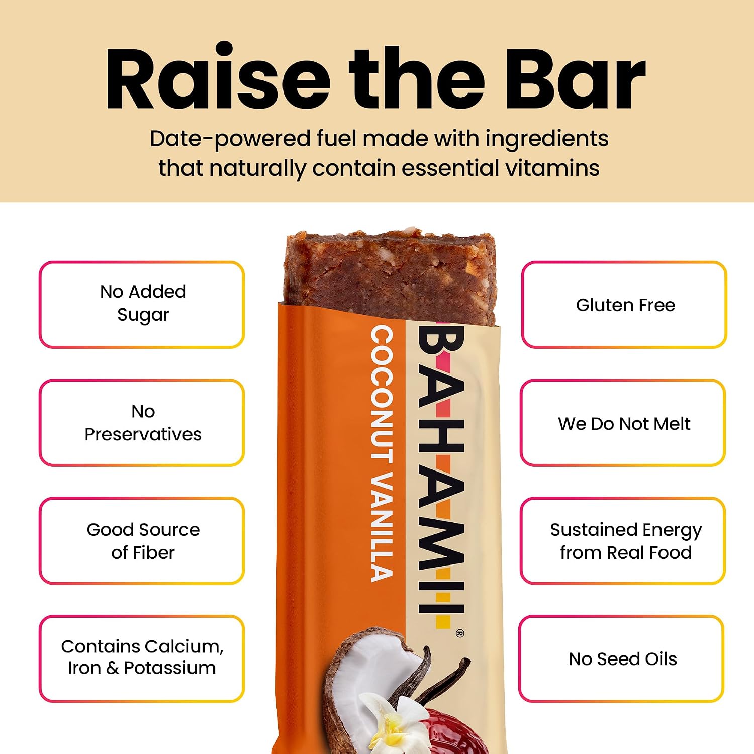Detalle de Bahamii Coconut Vanilla Date & Nut Bars, No Sugar Added, 12-Count