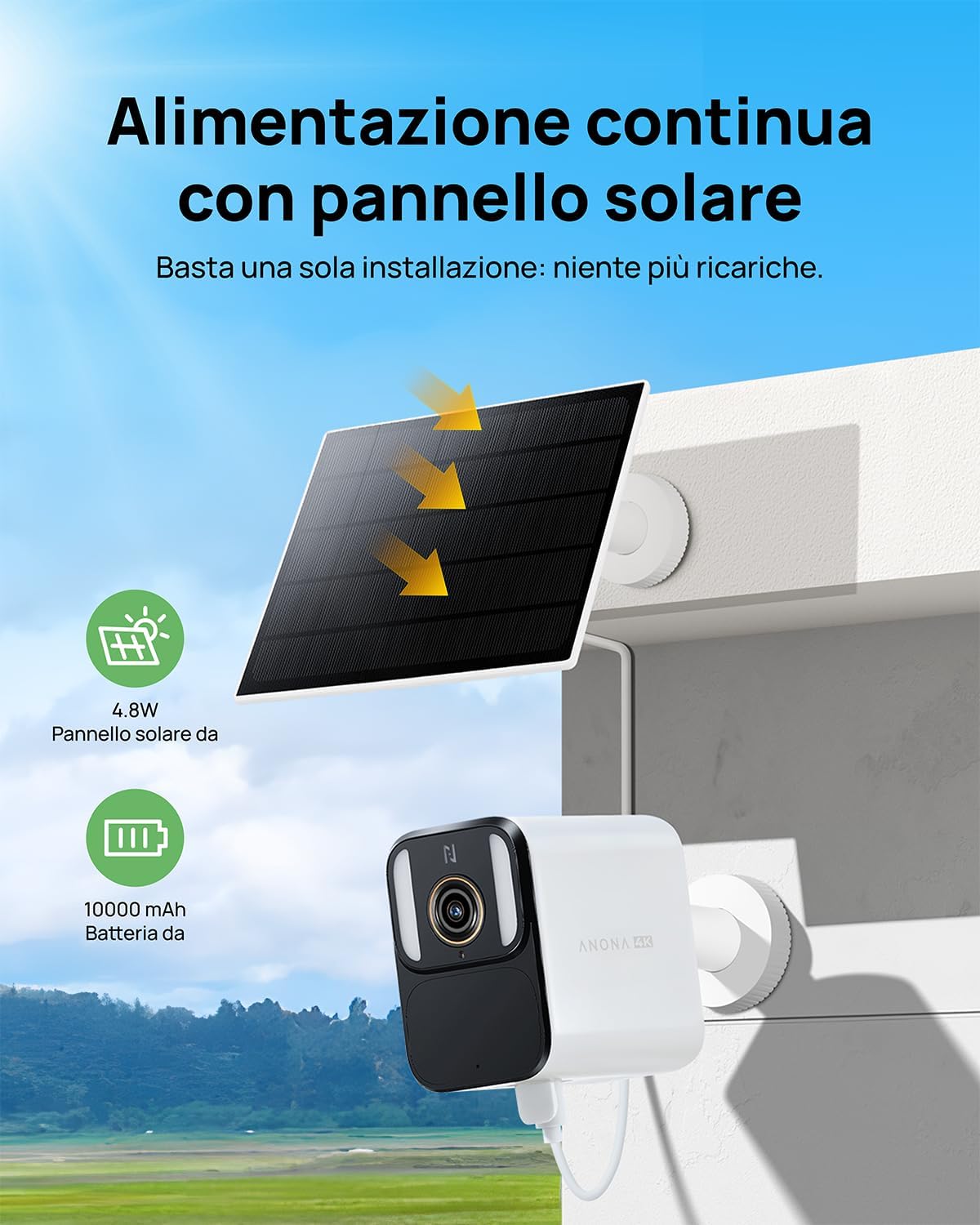 Detalle de Anona Aurora 4K Kit 2 Pezzi + SmartBase: telecamere solari Wi‑Fi 2.4 GHz per esterni con rilevamento IA e registrazione 24/7