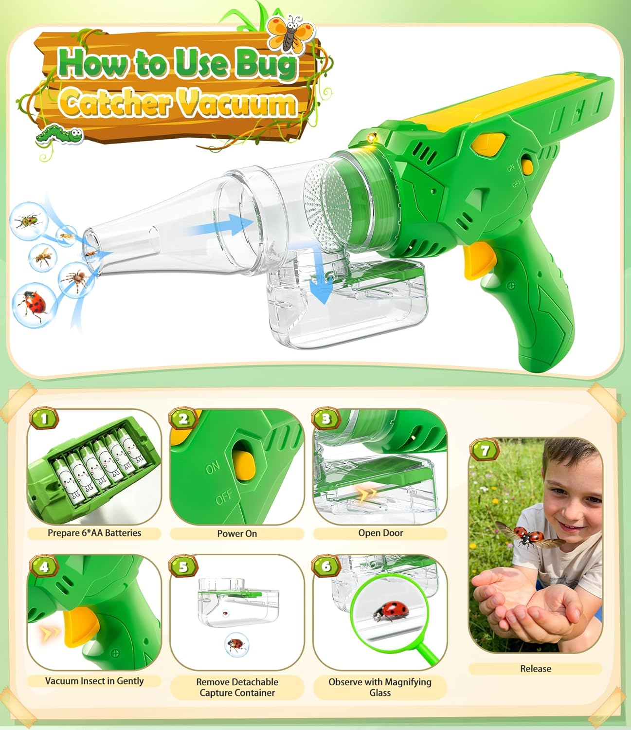 Thumbnail 6 de SOLIEHOO Bug Catcher Kit for Kids (3-12): 17W Vacuum, Magnifier Box, Net, Tweezers & LED Light