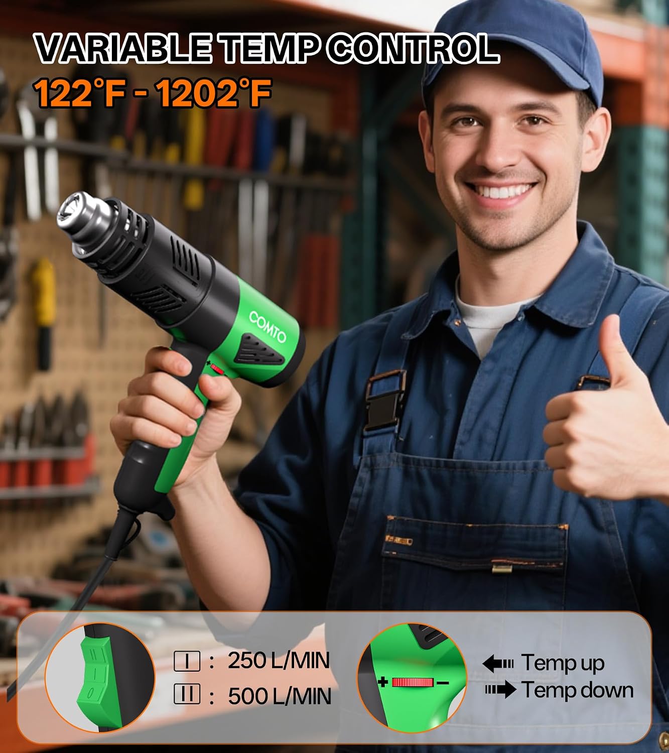 Detalle 2 de COMTO 1800W Heat Gun with Variable Temperature, 4 Nozzles and PA66 Housing