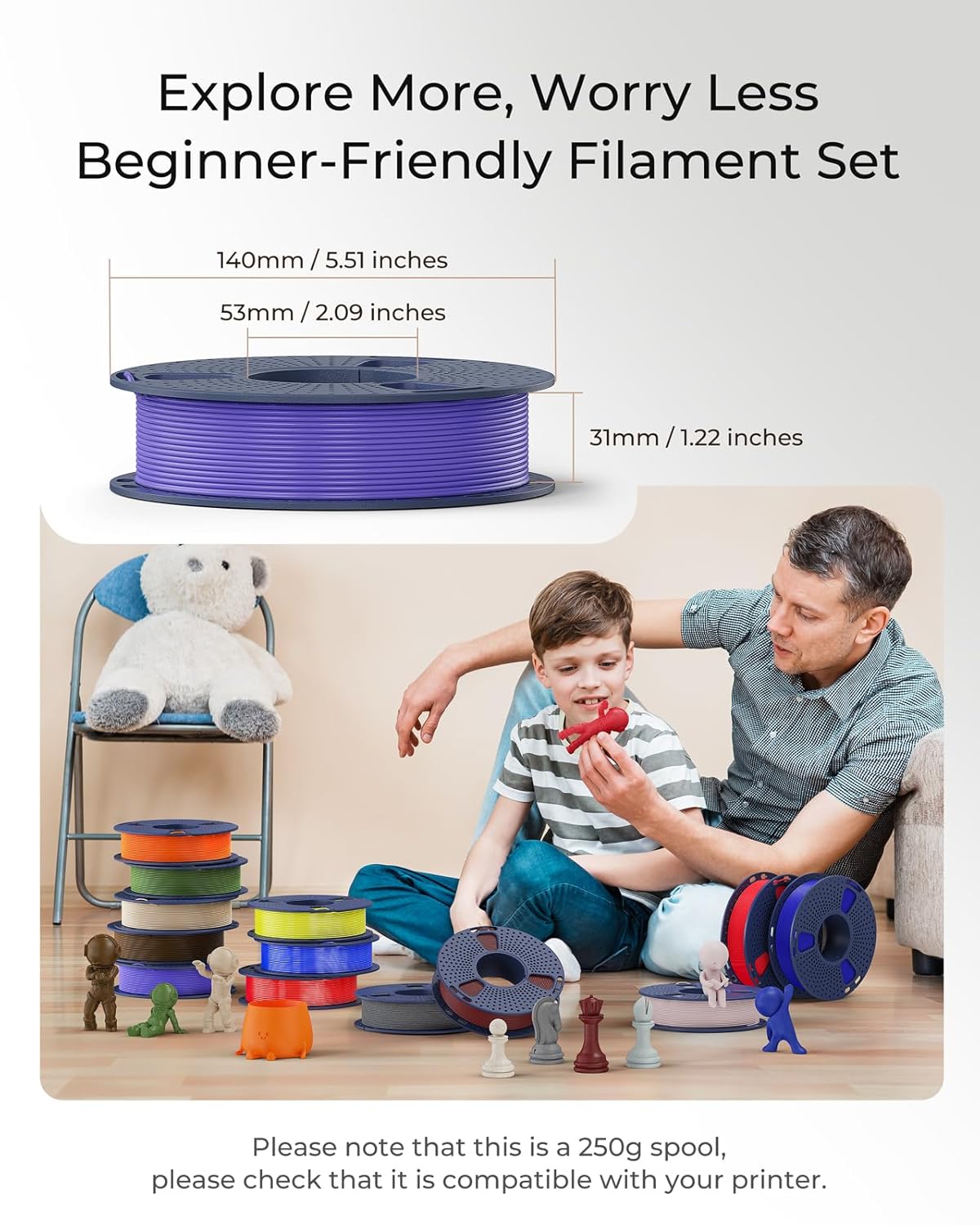 Detalle de SUNLU PLA+ 2.0 Filament Bundle (1.75mm) – 16-Color 250g Spools for Beginners