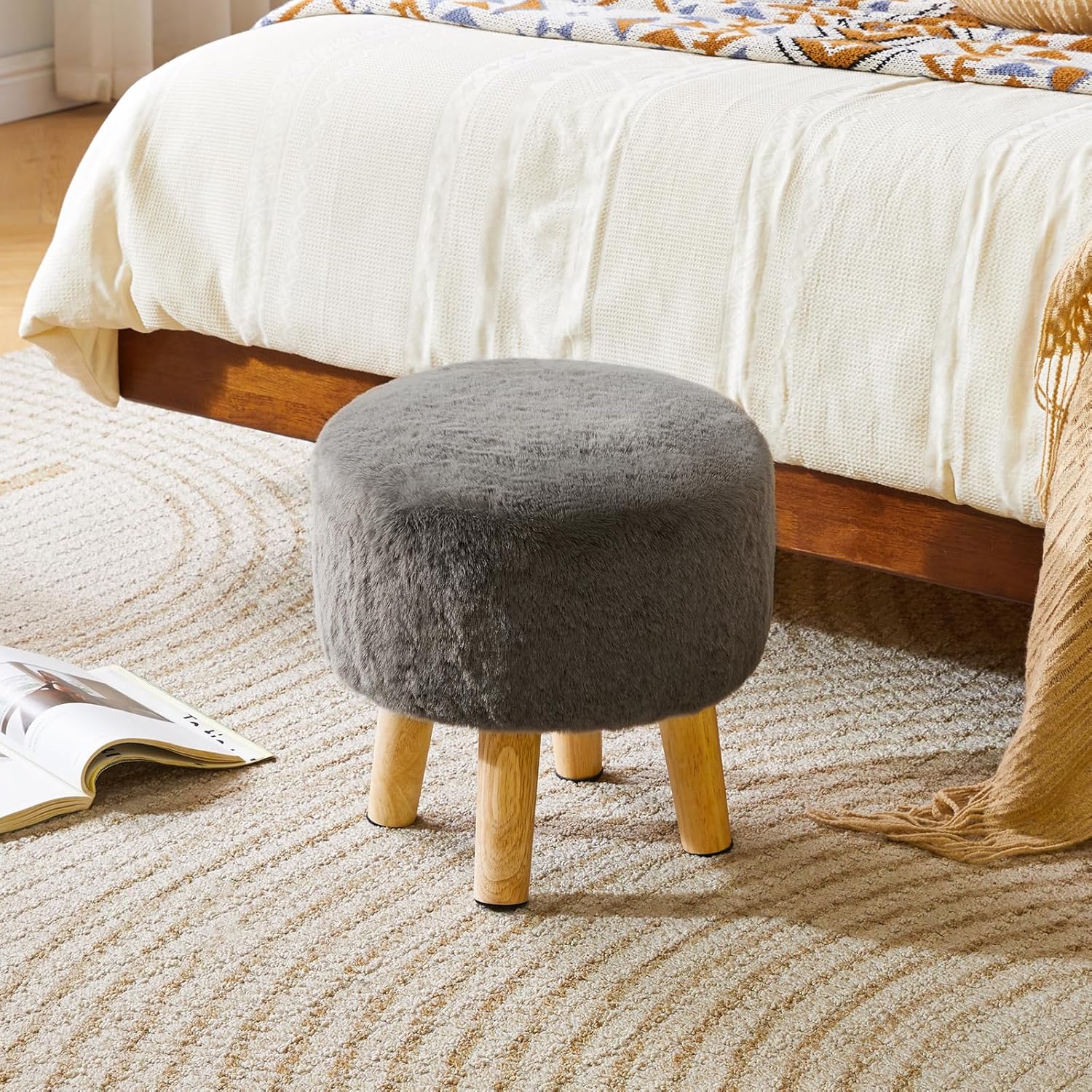 Thumbnail 6 de YMYNY Rotondo Sgabello Ottomano Poggiapiedi Grigio scuro 32×32×32CM, gambe in legno antiscivolo