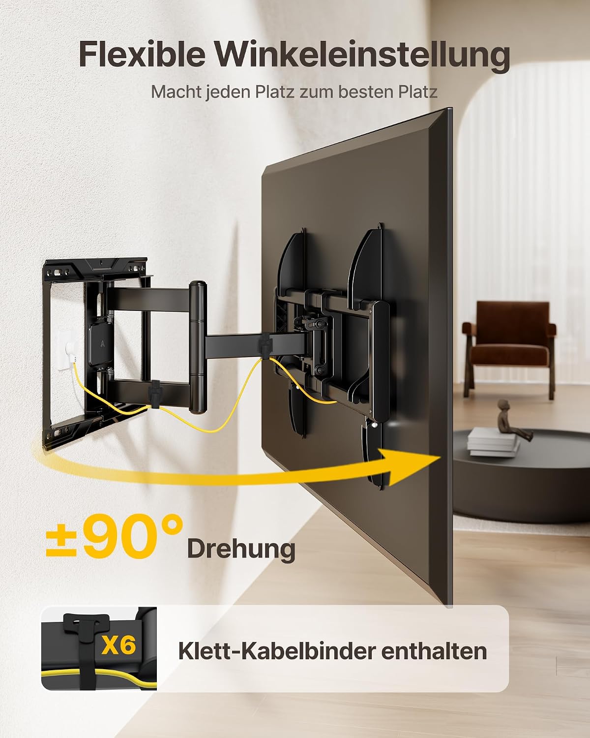 Detalle de monTEK Vollbewegliche TV Wandhalterung 37–84 Zoll – schwenkbar, neigbar ohne Werkzeug, ausziehbar bis 422 mm, max. VESA 600x400