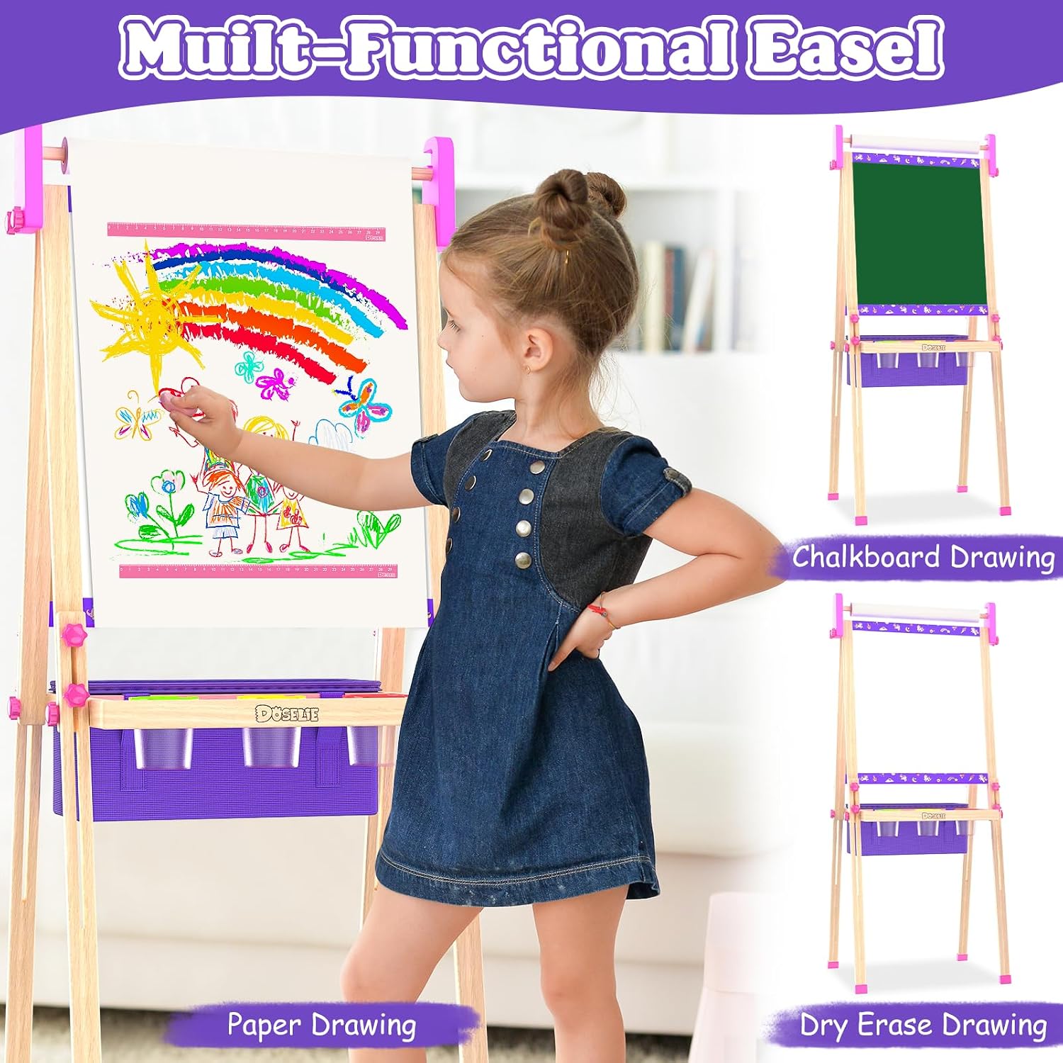Thumbnail 1 de Kids Art Easel for Ages 4–8 with Paper Roll, Markers, Paint, Chalk & Magnetic Accessories