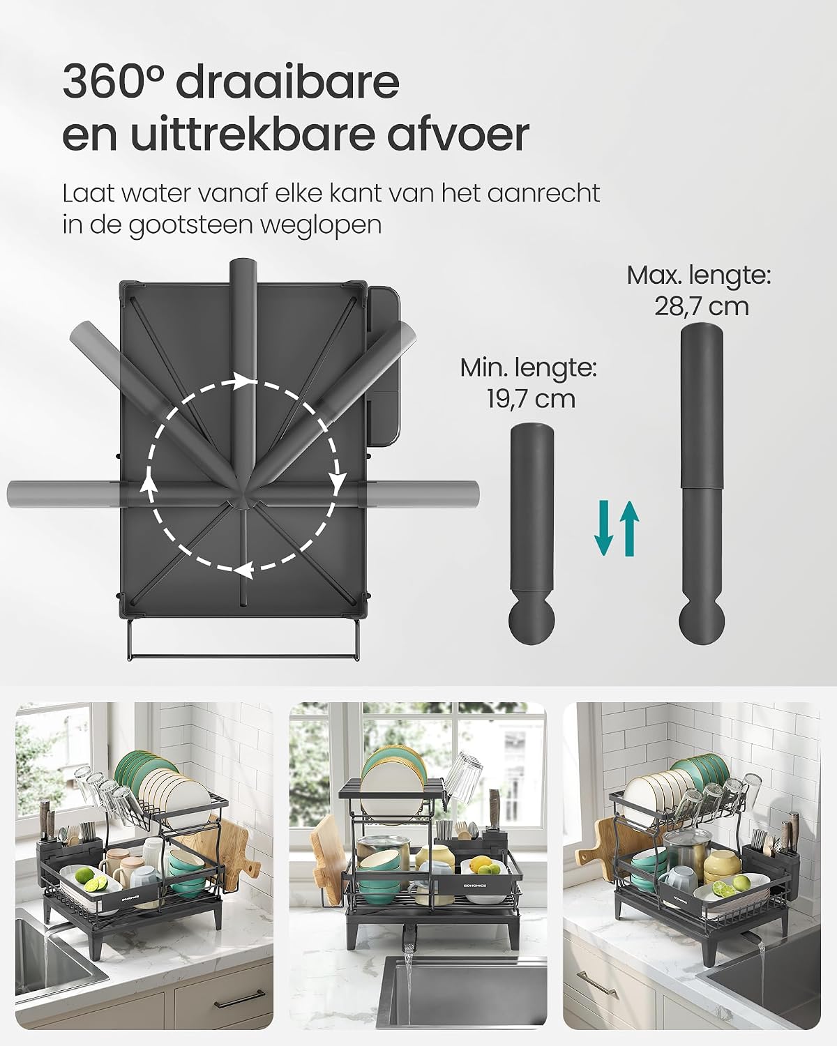 Detalle de SONGMICS PATALLA KCS551G101 afdruiprek, 2-laags, grijs met draaibare uitloop