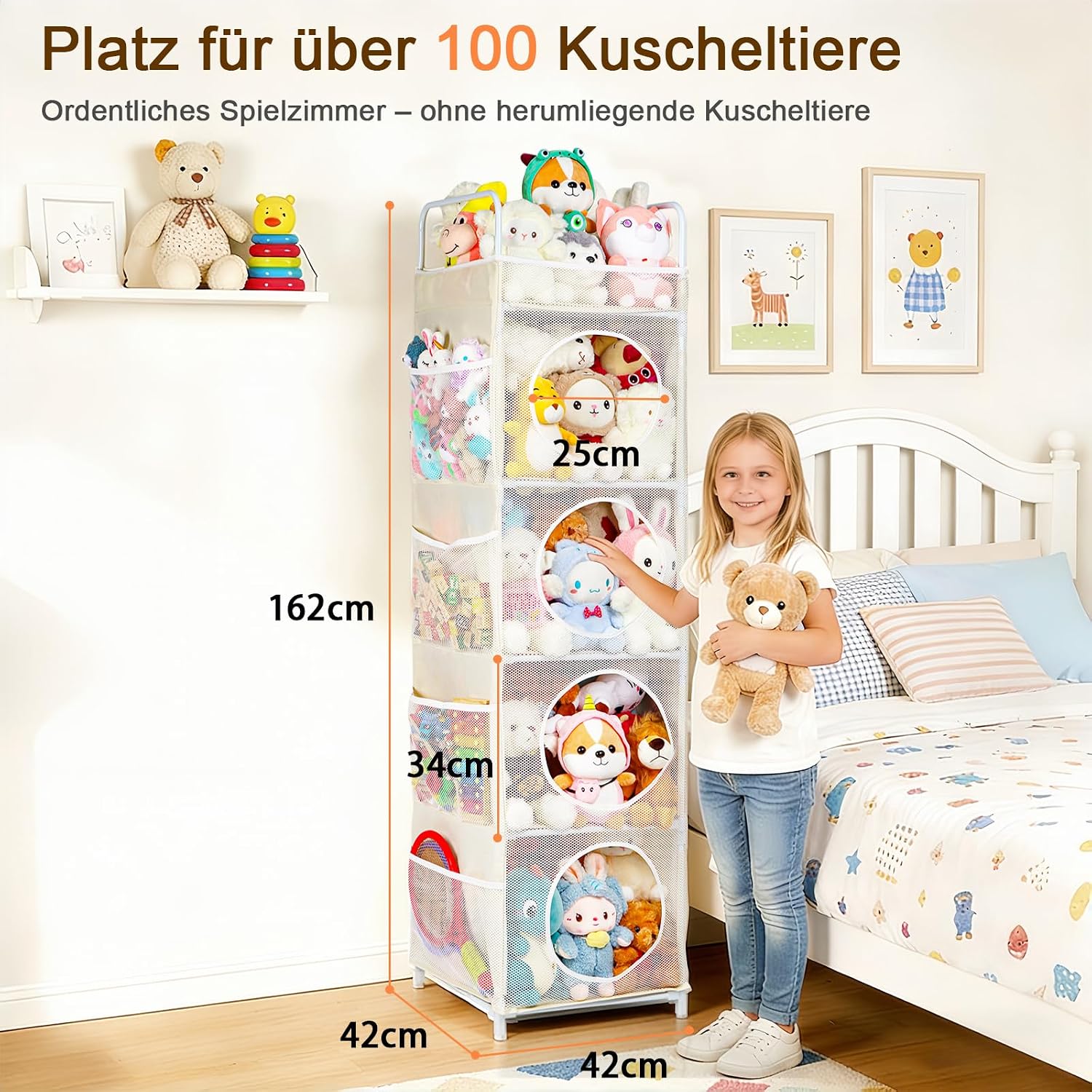 Thumbnail 2 de AXHOP Kuscheltier Aufbewahrung: 42×42×162 cm, 5 Etagen + 8 Netztaschen, Beige