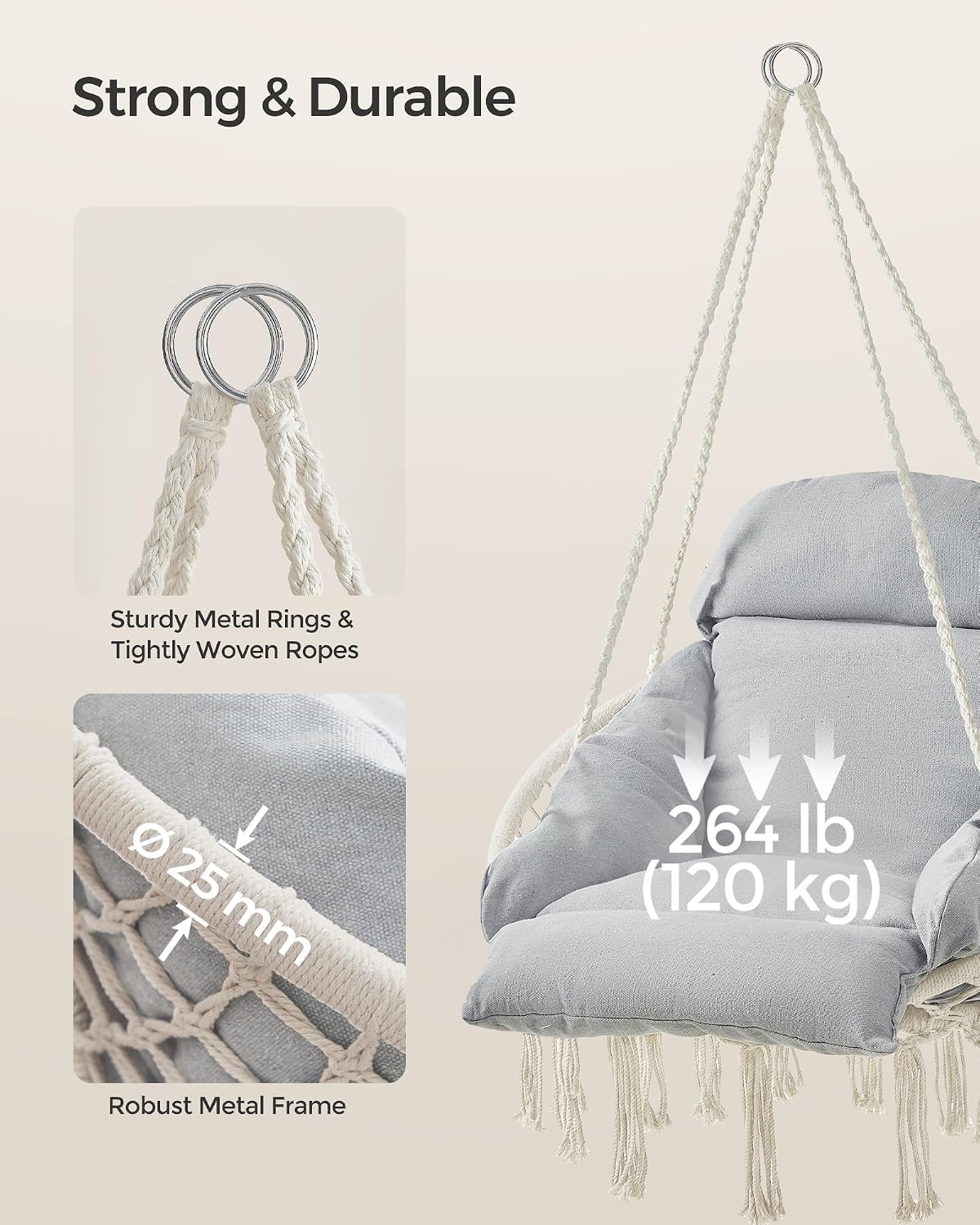 Detalle de SONGMICS UGDC042G01 Hanging Chair with Thick Cushion, Cotton and Metal