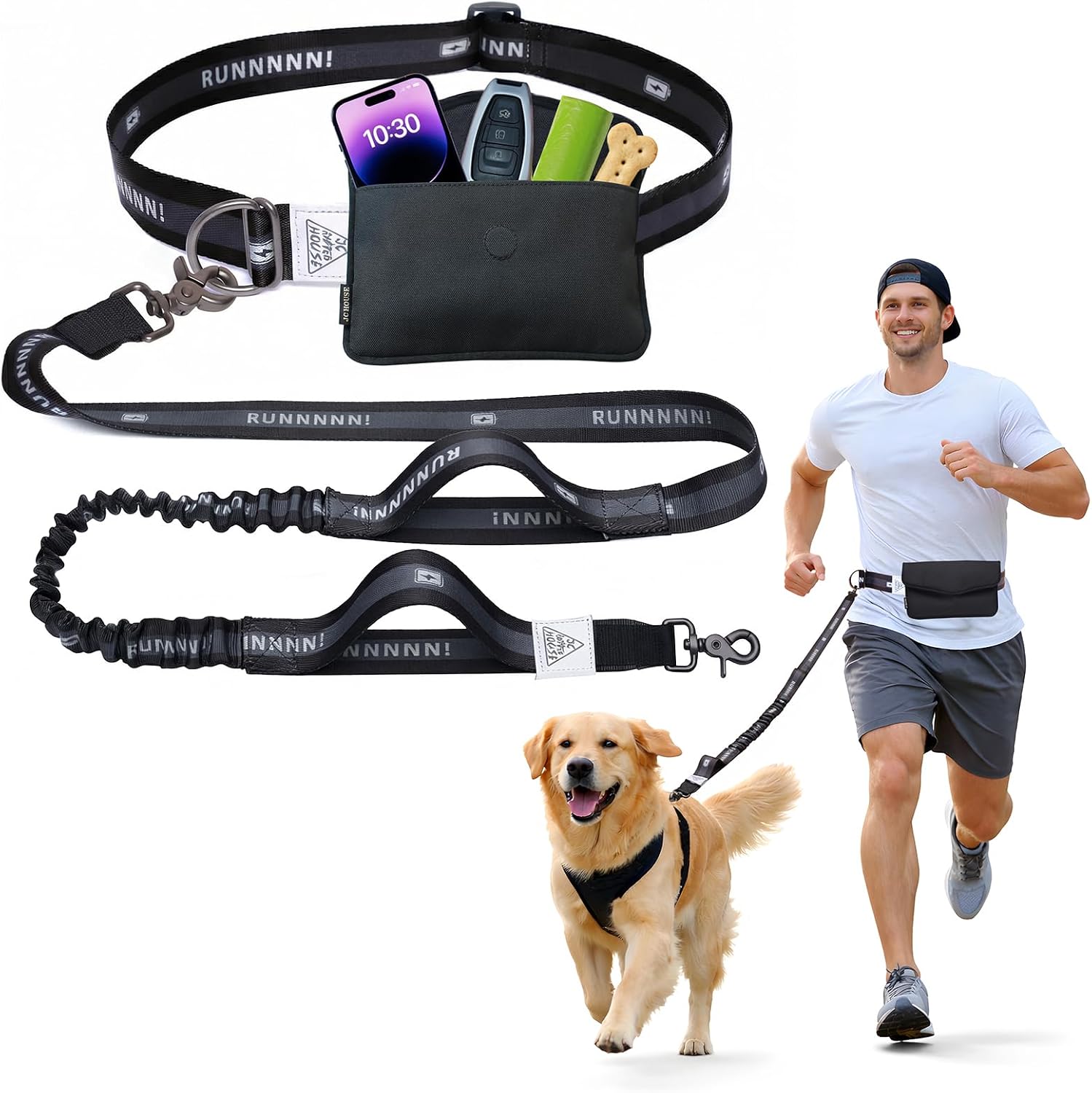 JC HOUSE ハンズフリー犬用リード ウエストベルト・収納ポーチ付き、バンジー式・2つのハンドル