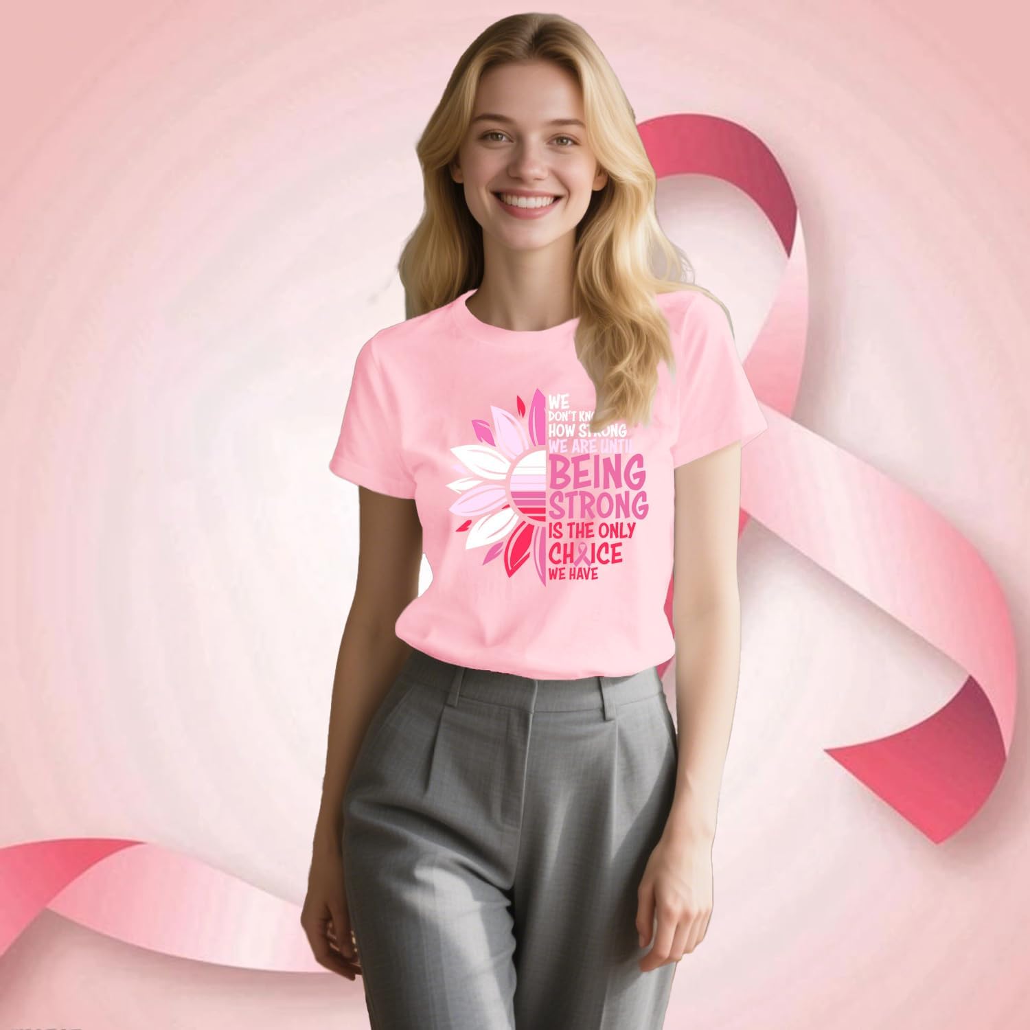 Detalle de Qskall Breast Cancer Awareness T-Shirt for Women with Pink Ribbon & Sunflower Graphic