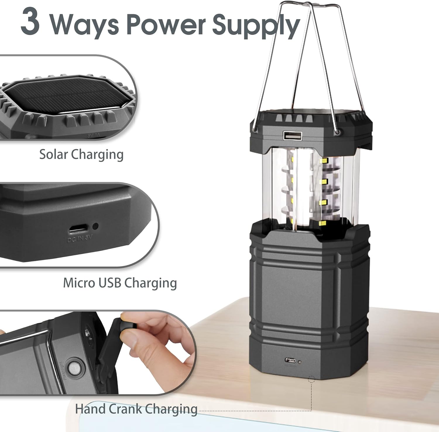 Thumbnail 1 de Mesqool lanterne solaire de camping à manivelle LED portable, 3000 mAh, étanche IPX4