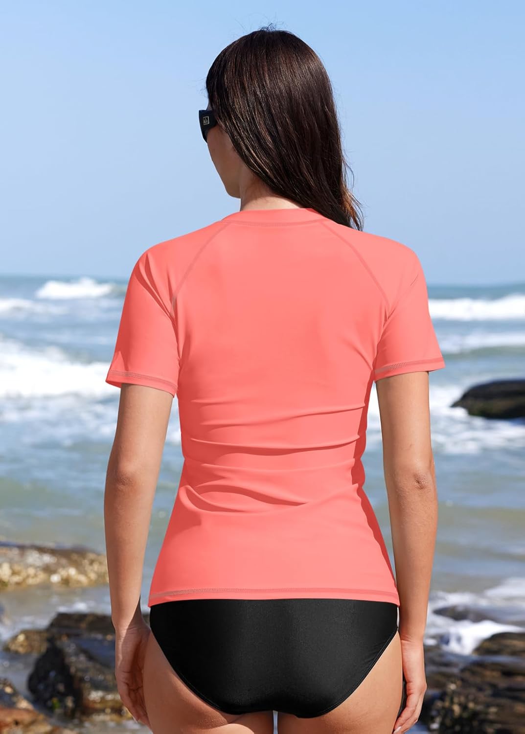 Detalle de BesserBay Damen Kurzarm Surf Shirt 1/4 Zip UV-Schutz – Rash Guard