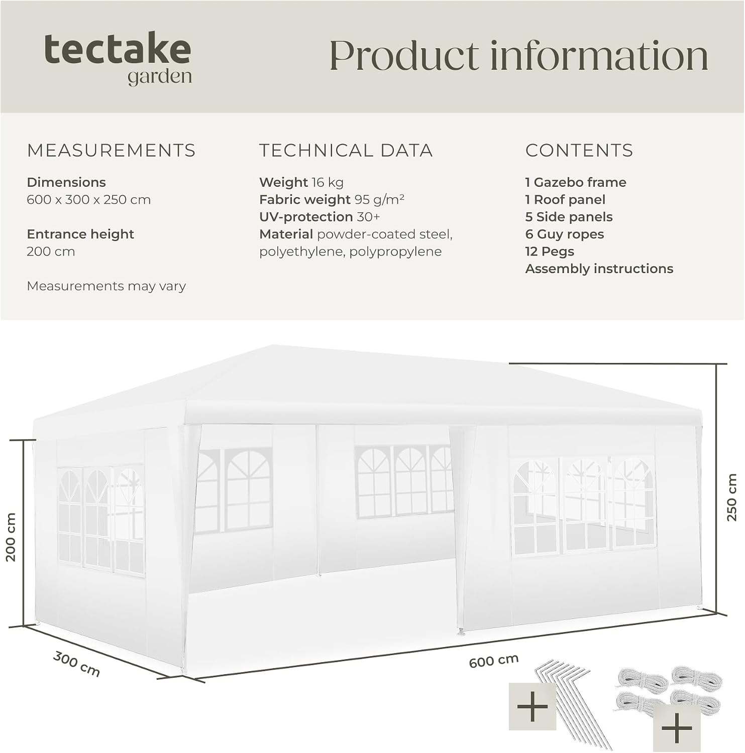 Detalle de tectake Novara 405967-3 paviljong 6 x 3 m med 5 sidoväggar och UV-skydd 30+