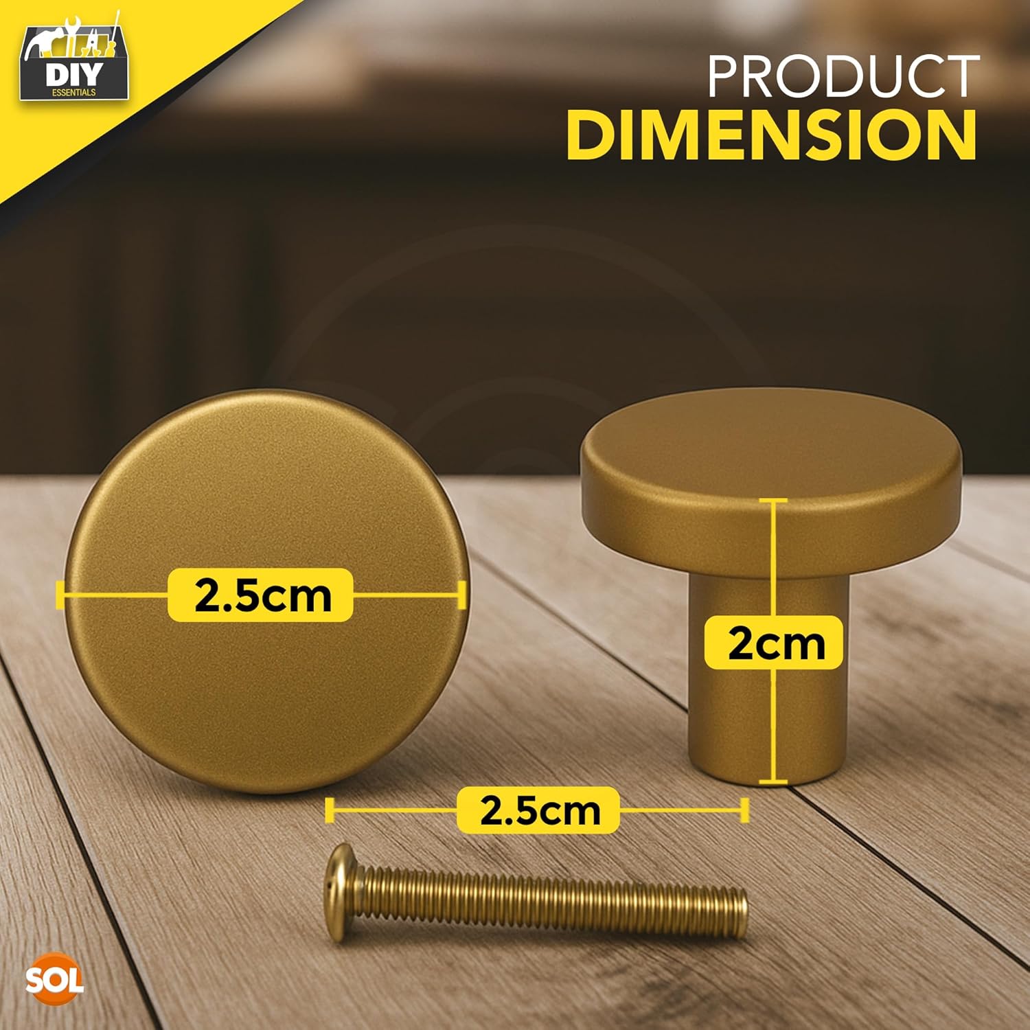 Detalle de SOL 4pcs Gold Tone Brass Round Cabinet Knobs with Screws – Durable, Rust-Resistant Hardware Set