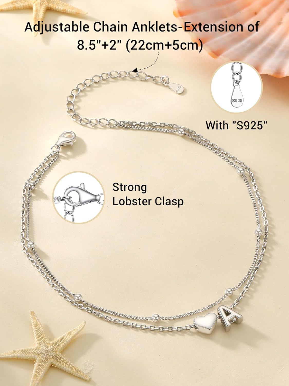 Detalle de PROSILVER Women Sterling Silver Heart Anklet with A-Z Initial