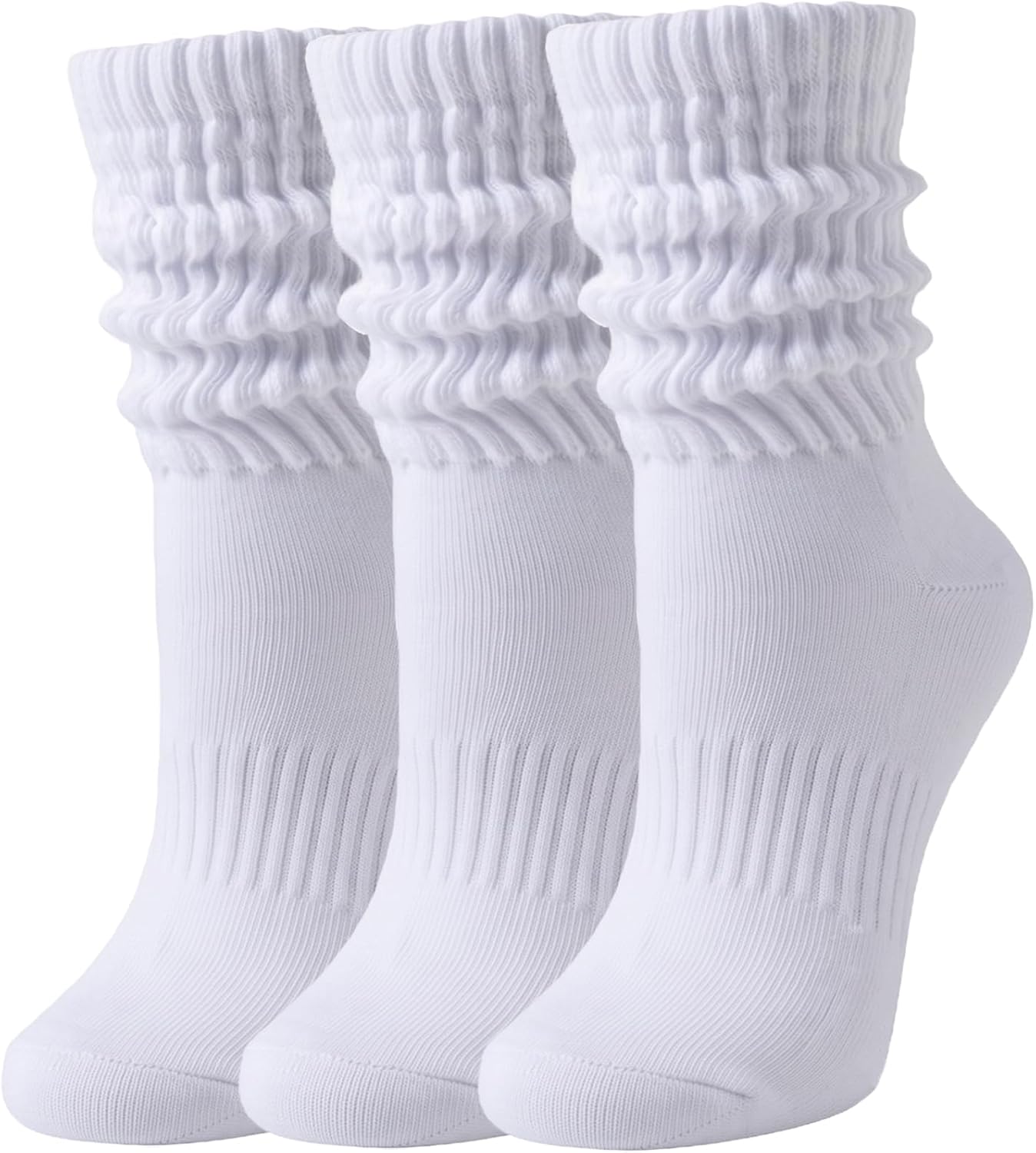Detalle de VoJoPi Women's Slouchy Crew Socks, 3-Pack, White Cotton-Blend Scrunch Socks