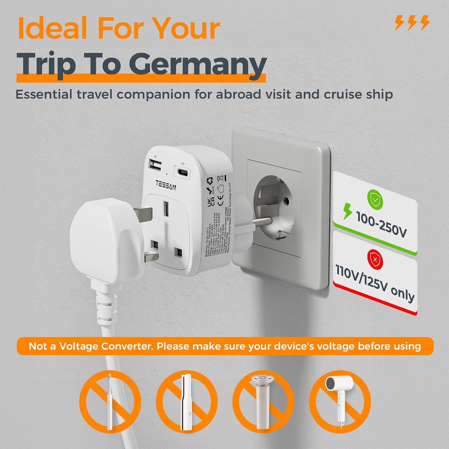 Detalle 2 de UK to Europe travel plug adapter with 2 USB