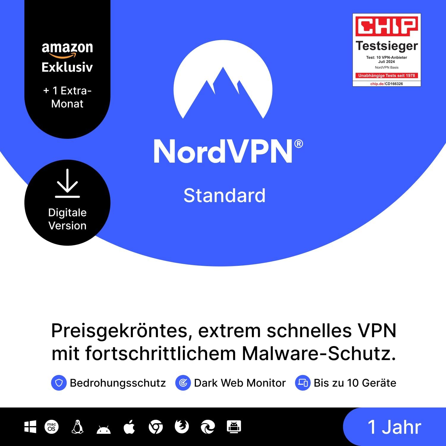 NordVPN Standard, Amazon Exklusiv (10 Geräte, 1 Jahr + 1 Monat) – Digitaler Code